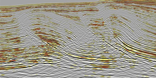 Detail of thrust structures and folds, some of which reach the modern sea bed, deepwater western Niger Delta. The section is about 15 km across and the equivalent of about 4 km deep. Image courtesy of CGGVerirtas and the Virtual Seismic Atlas.